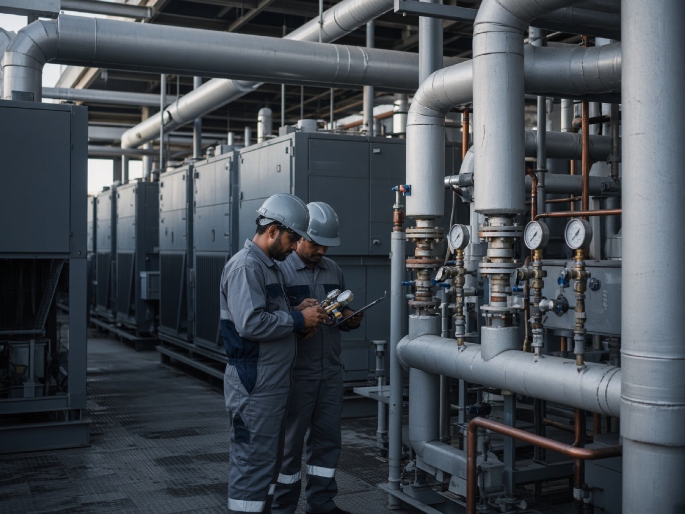 HVAC technicians inspecting a chiller plant