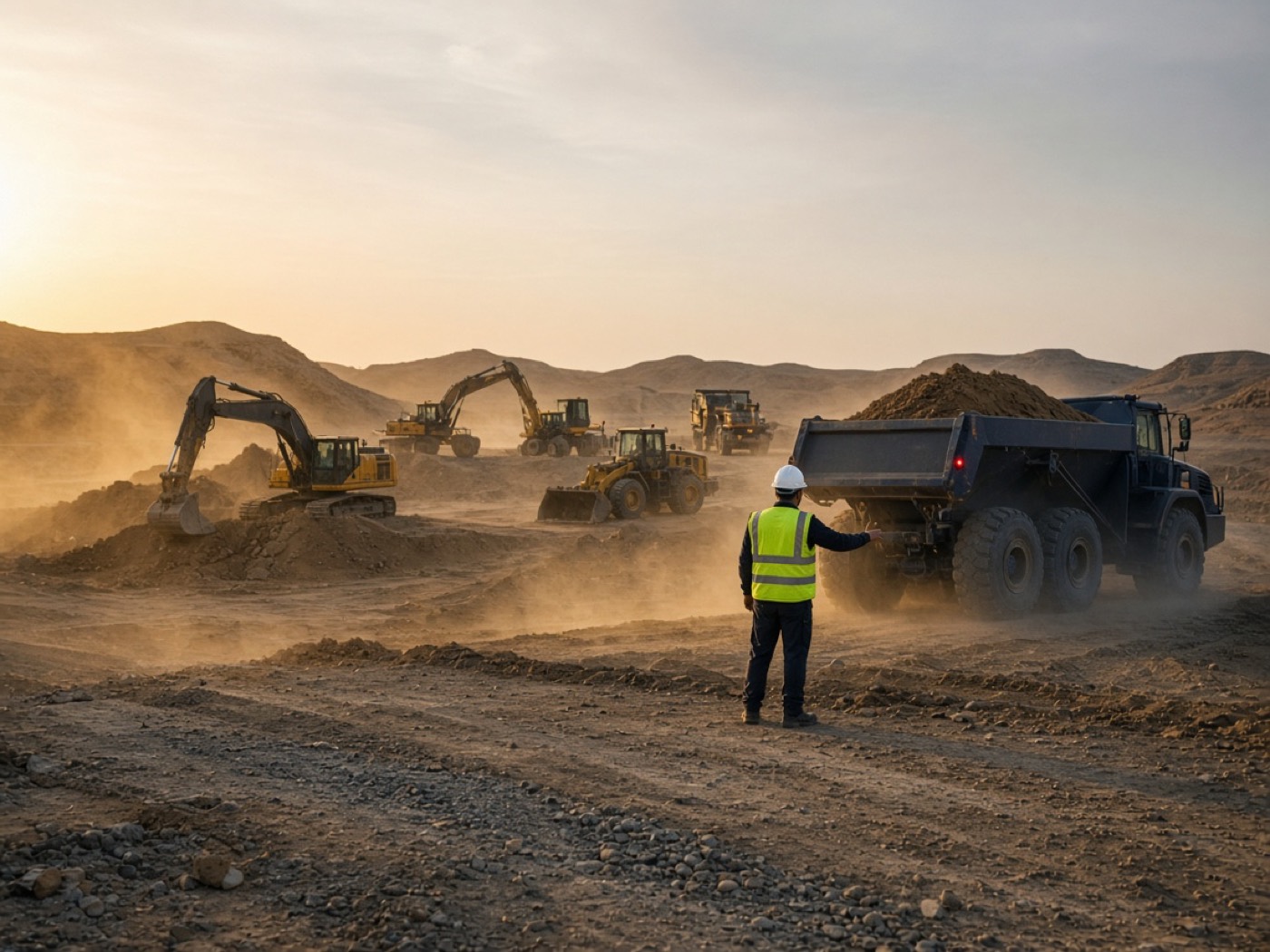 Heavy equipment on a desert earthworks site