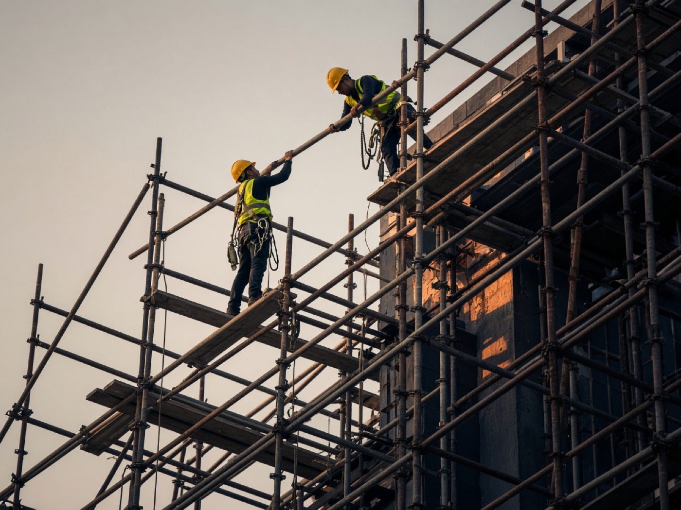 Scaffolders erecting steel scaffolding