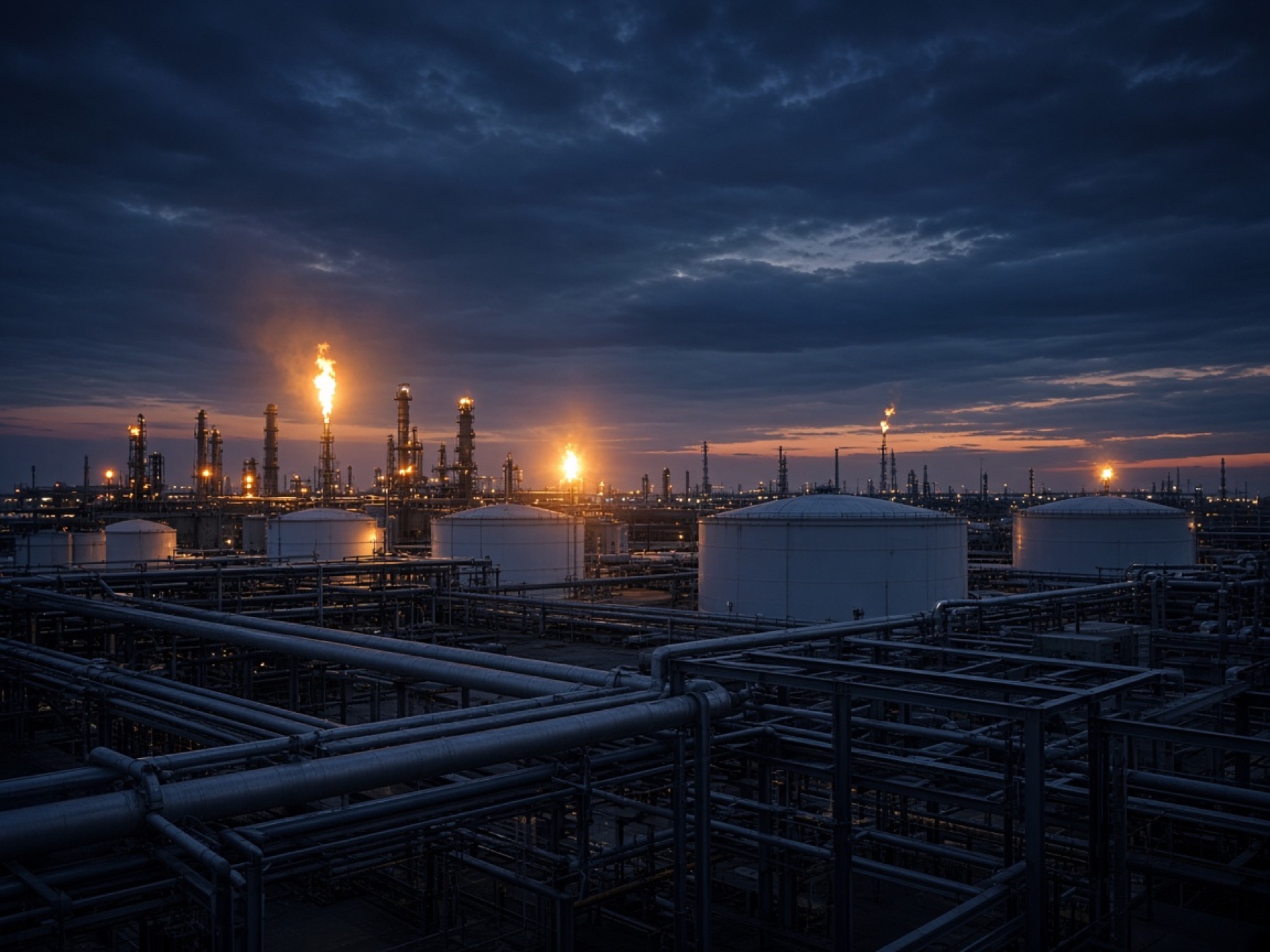 Petrochemical tanks and process piping at dusk