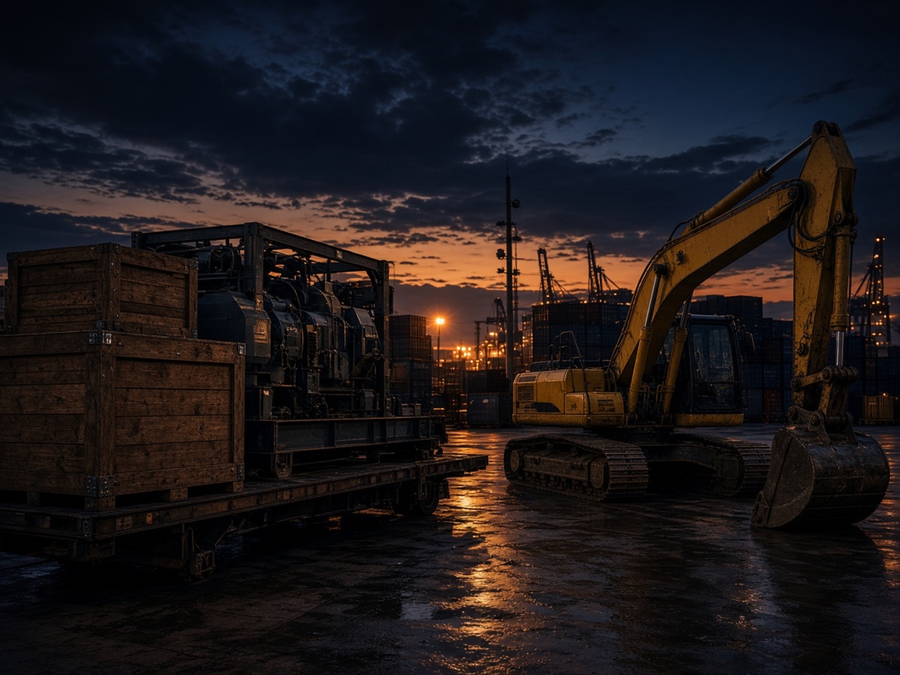 Crated industrial machinery in a shipping yard