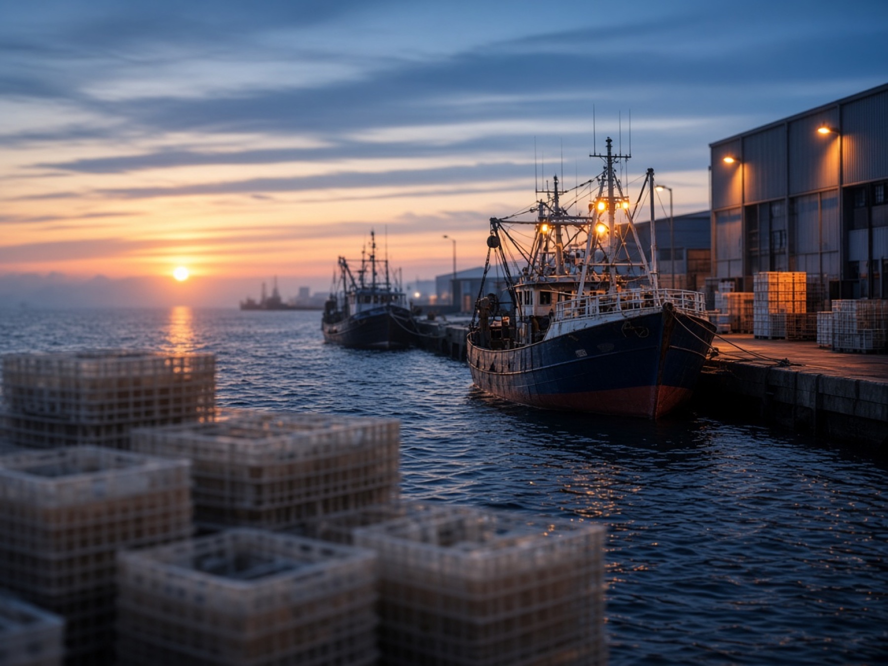 Fishing vessels and cold-store quay at dawn