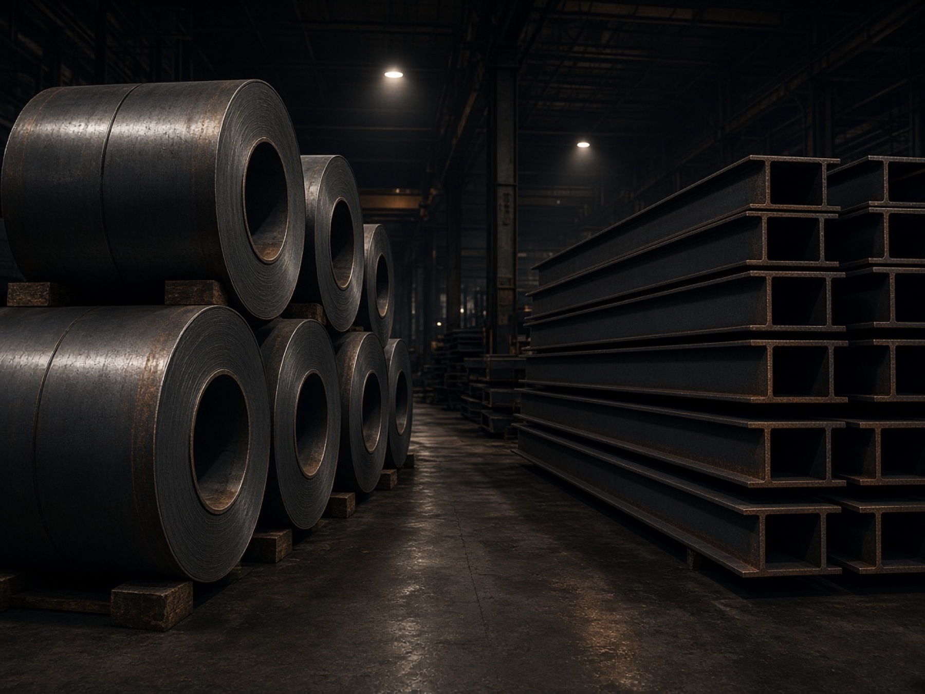 Structural steel coils and beams in an industrial warehouse