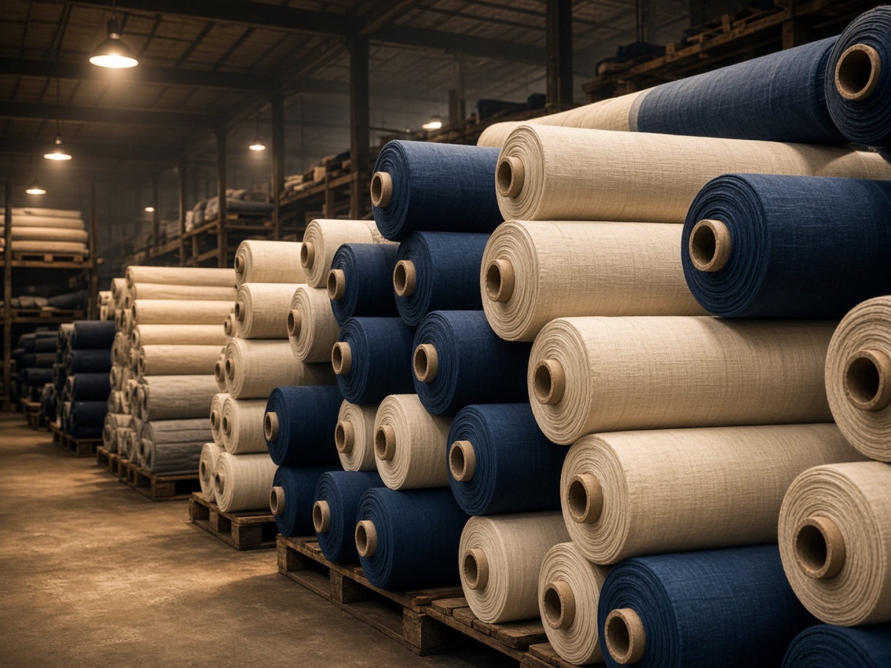 Textile fabric rolls in a mill warehouse